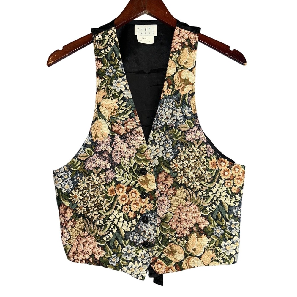 Vtg 90s You Babes Womens Green Garden Floral Tapestry Vest S Lined Button Formal